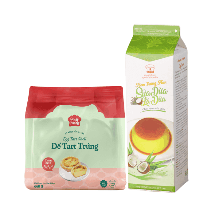 Combo-trung-la-dua-3 Combo Đế Bánh Tart Trứng và Kem Trứng Flan Sữa Dừa Lá Dứa Nhất Hương