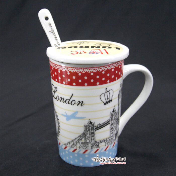 Ly Sứ London Viền Đỏ Kèm Muỗng DC3486 Ly Sứ London Viền Đỏ Kèm Muỗng DC3486