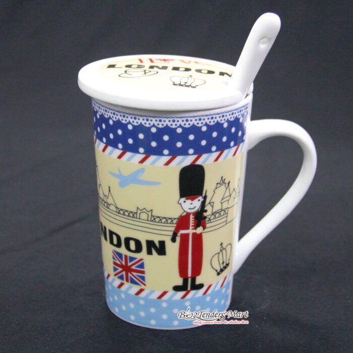 Ly Sứ London Viền Xanh Kèm Muỗng DC3486 Ly Sứ London Viền Xanh Kèm Muỗng DC3486